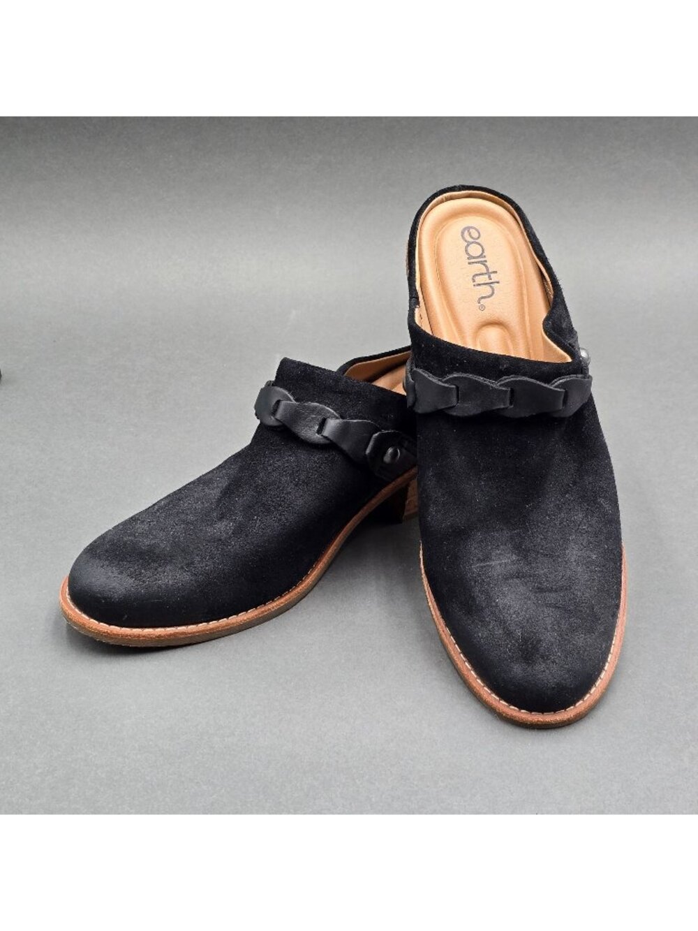 Earth Juliet Black Suede Mules Size 7.5 Braided Strap Block Heel Clogs Western